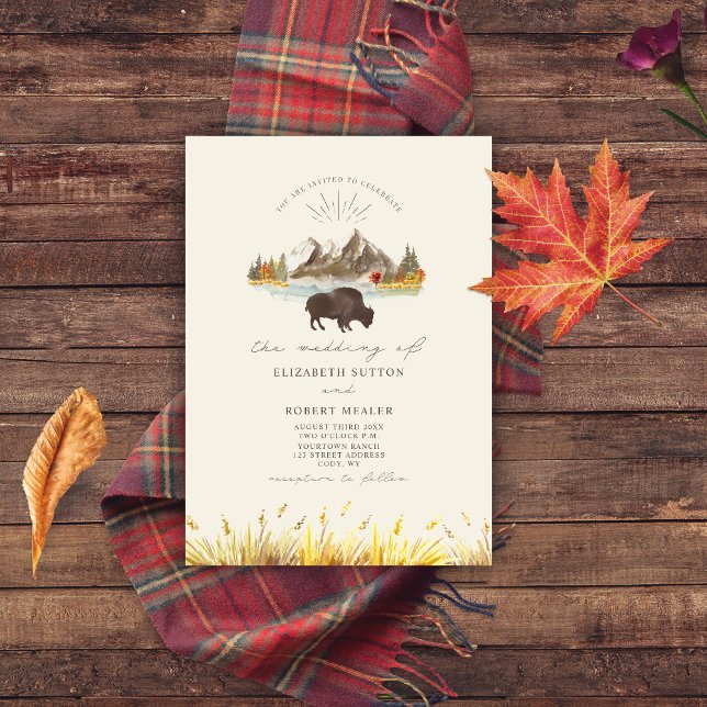 Buffalo Bison Mountains Autumn Script Wedding Invitation (Creator Uploaded)