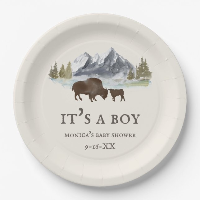 Buffalo Bison Mountains Baby Shower Paper Plate (Front)