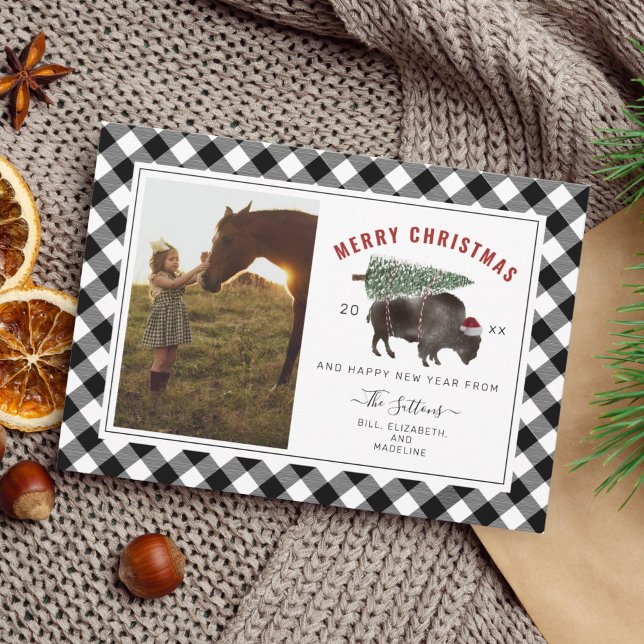 Buffalo Bison Plaid Merry Christmas Tree Photo Holiday Card (Creator Uploaded)