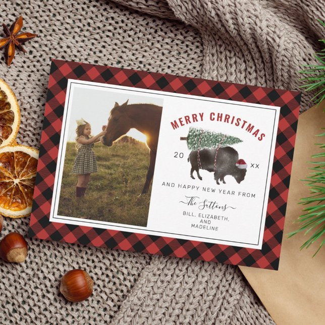 Buffalo Bison Plaid Red Plaid Christmas Photo Holiday Card (Creator Uploaded)