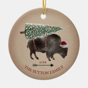 Buffalo Bison Santa Arrow Snow Christmas Tree Ceramic Tree Decoration