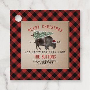 Buffalo Bison Santa Christmas Tree Rustic Plaid Favour Tags