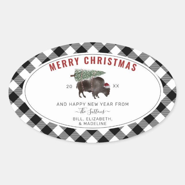 Buffalo Bison Santa Merry Christmas Tree Plaid Oval Sticker (Front)