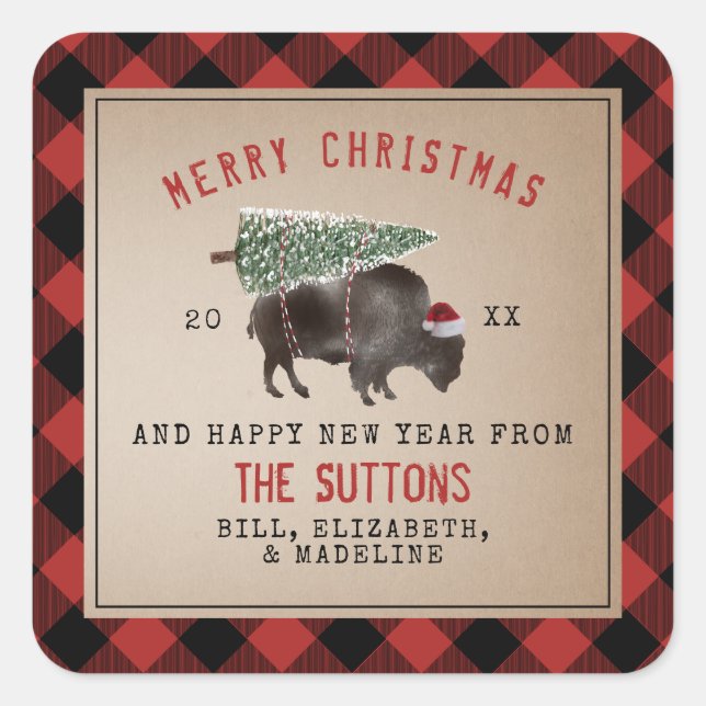 Buffalo Bison Santa Merry Christmas Tree  Square Sticker (Front)