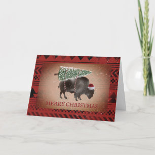 Buffalo Bison Santa Snow Merry Christmas Geometric Holiday Card