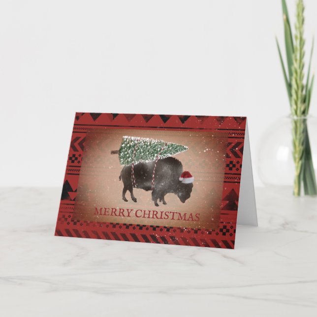 Buffalo Bison Santa Snow Merry Christmas Geometric Holiday Card (Front)