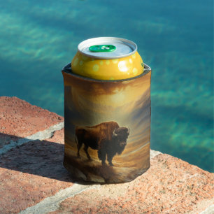 Buffalo Bison Sunset Silhouette Can Cooler