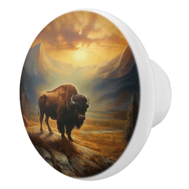 Buffalo Bison Sunset Silhouette Ceramic Knob (Right)