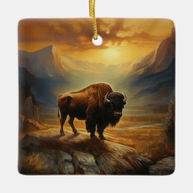 Buffalo Bison Sunset Silhouette  Ceramic Ornament (Front)