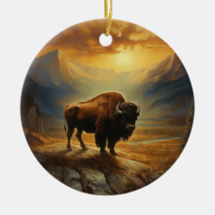 Buffalo Bison Sunset Silhouette  Ceramic Tree Decoration