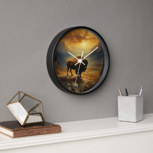 Buffalo Bison Sunset Silhouette Clock