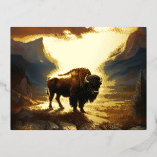 Buffalo Bison Sunset Silhouette  Foil Holiday Postcard