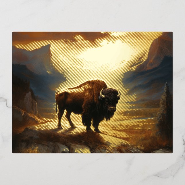 Buffalo Bison Sunset Silhouette  Foil Holiday Postcard (Front)