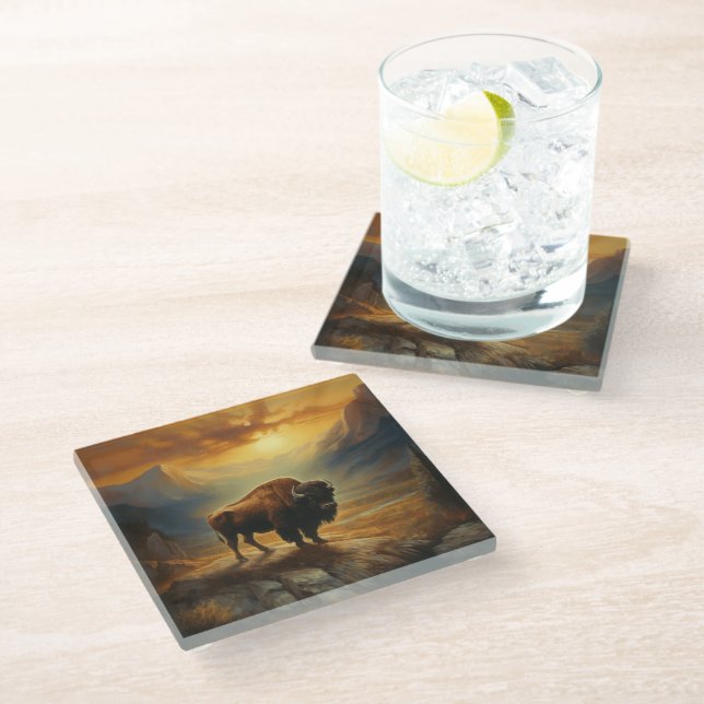 Buffalo Bison Sunset Silhouette  Glass Coaster (Angled)