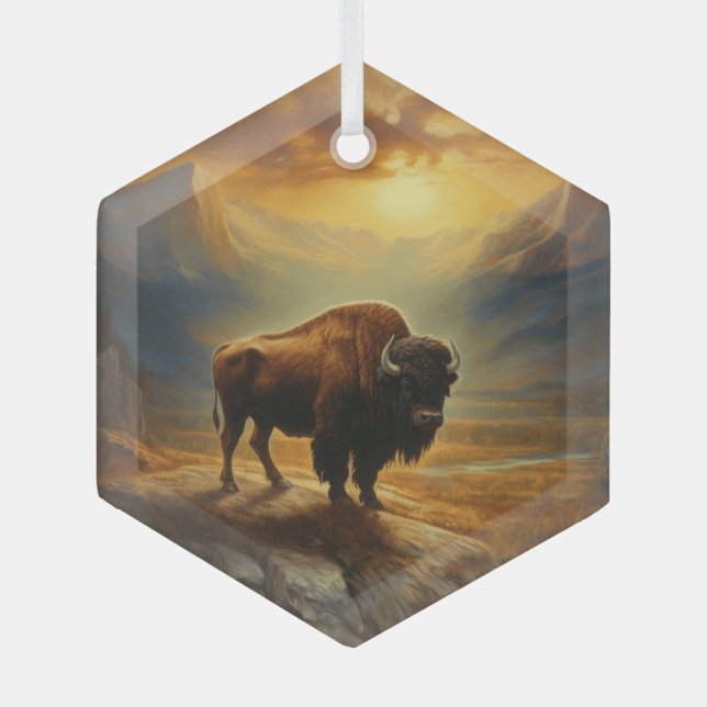 Buffalo Bison Sunset Silhouette  Glass Tree Decoration (Front)