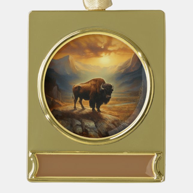 Buffalo Bison Sunset Silhouette  Gold Plated Banner Ornament (Front)