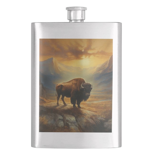 Buffalo Bison Sunset Silhouette  Hip Flask (Front)