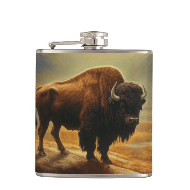 Buffalo Bison Sunset Silhouette  Hip Flask (Front)