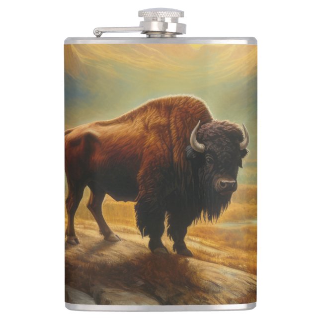Buffalo Bison Sunset Silhouette Hip Flask (Front)