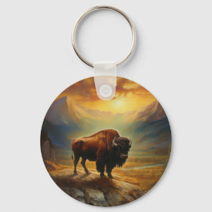 Buffalo Bison Sunset Silhouette Key Ring