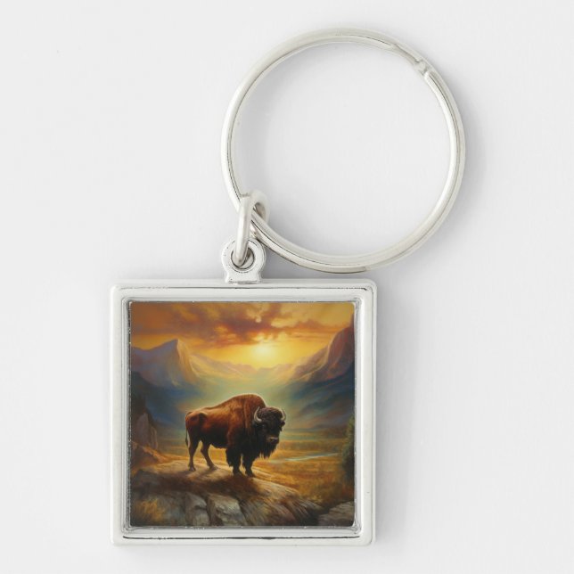 Buffalo Bison Sunset Silhouette Key Ring (Front)