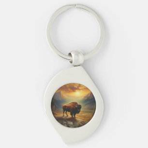 Buffalo Bison Sunset Silhouette Key Ring