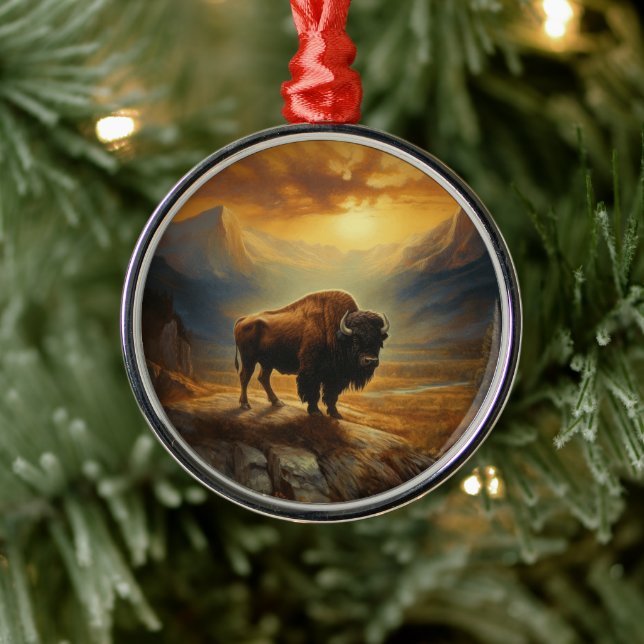 Buffalo Bison Sunset Silhouette  Metal Tree Decoration (Tree)