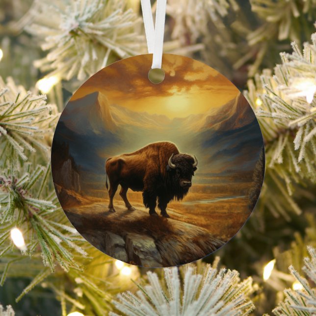 Buffalo Bison Sunset Silhouette  Metal Tree Decoration (Insitu)