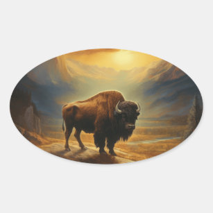 Buffalo Bison Sunset Silhouette Oval Sticker