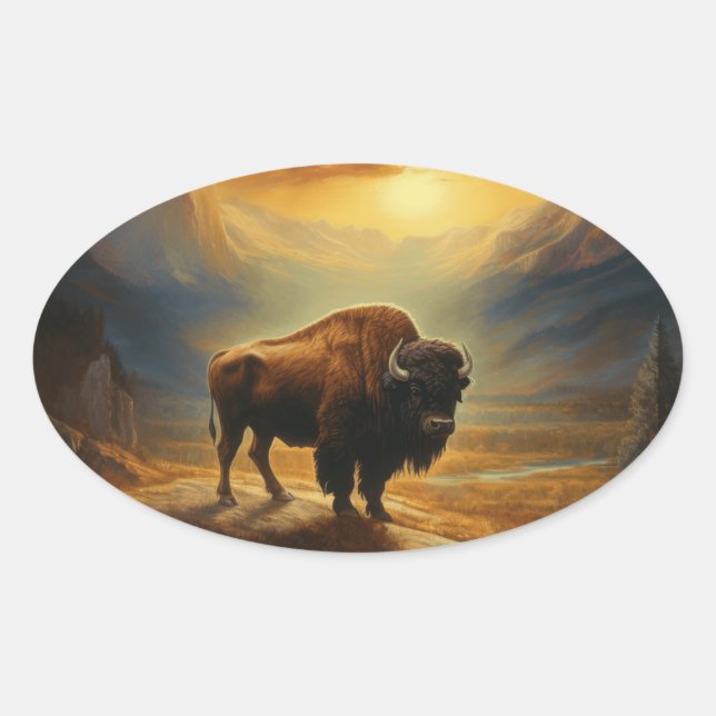 Buffalo Bison Sunset Silhouette Oval Sticker (Front)