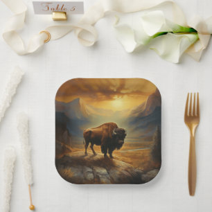 Buffalo Bison Sunset Silhouette  Paper Plate