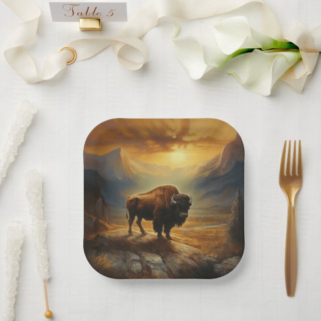 Buffalo Bison Sunset Silhouette  Paper Plate (Wedding)
