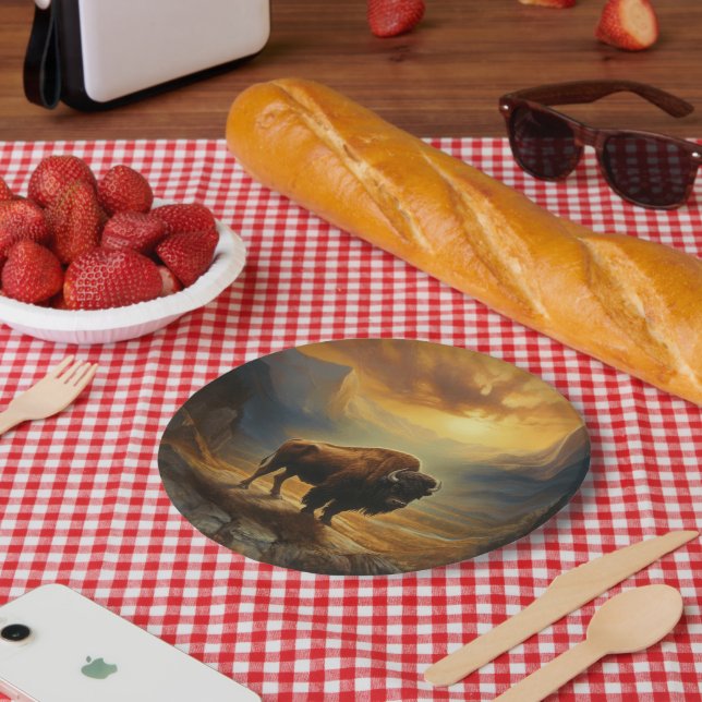 Buffalo Bison Sunset Silhouette  Paper Plate (Picnic)