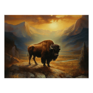 Buffalo Bison Sunset Silhouette  Poster