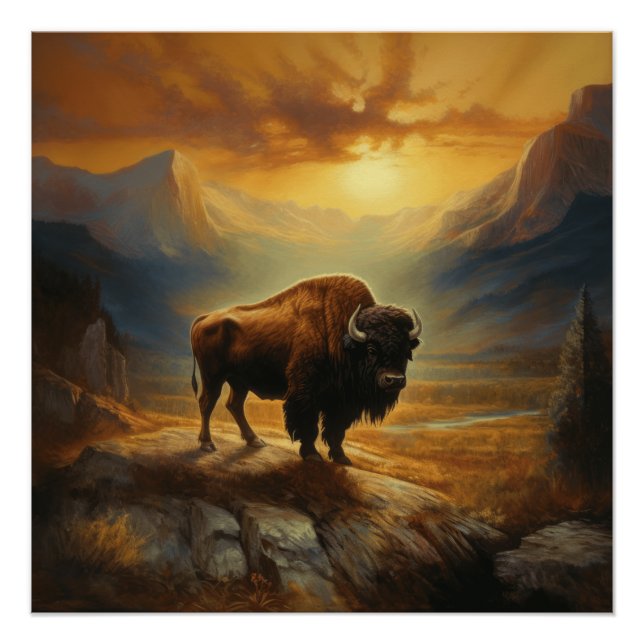 Buffalo Bison Sunset Silhouette  Poster (Front)