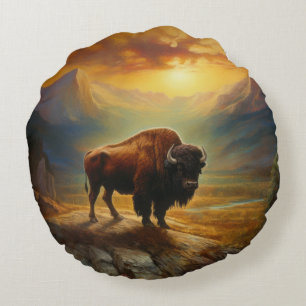 Buffalo Bison Sunset Silhouette Round Cushion