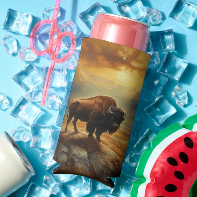Buffalo Bison Sunset Silhouette Seltzer Can Cooler (In Situ Summer)