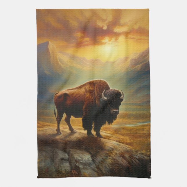 Buffalo Bison Sunset Silhouette Tea Towel (Vertical)