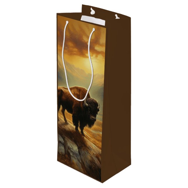Buffalo Bison Sunset Silhouette Wine Gift Bag (Back Angled)
