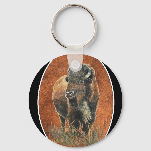 Buffalo, Bison, Tracks Watercolor Animal Key Ring (Front)