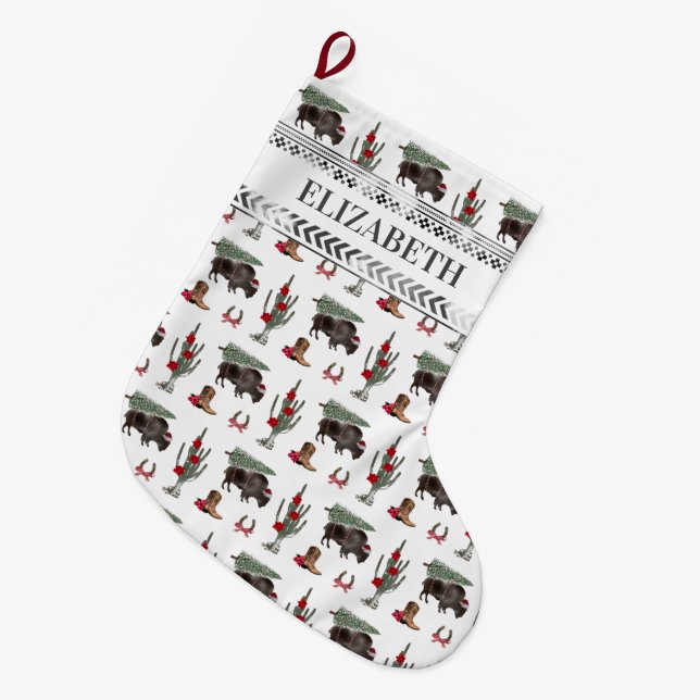 Buffalo Bison Western Ranch Cowboy Christmas Tree Large Christmas Stocking (Front (Hanging))