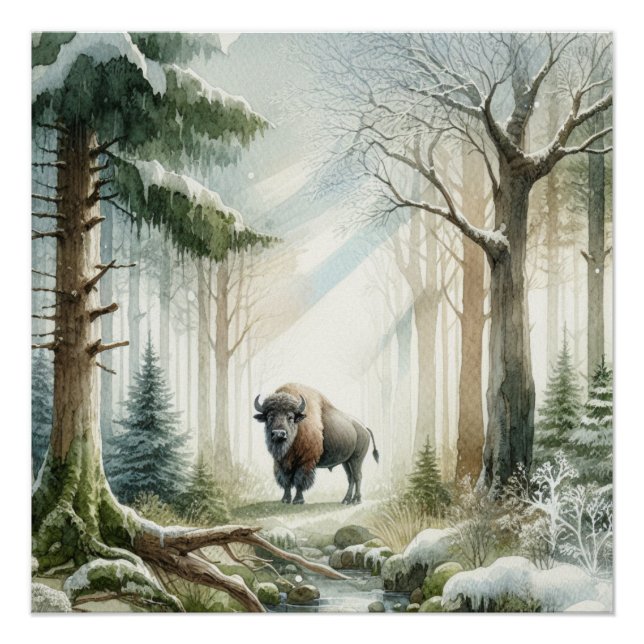 Buffalo Bison Whimsical Winter Landscape Poster (Front)