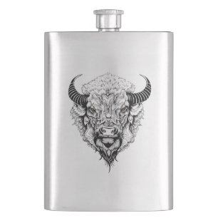 Buffalo Bison Wild Animal Nature Illustration Art Hip Flask