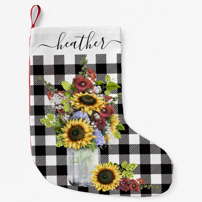 Buffalo Black White Sunflower Handwritten Small Christmas Stocking (Front)