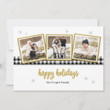 Buffalo Check and Gold 3-Photo Happy Holidays Card