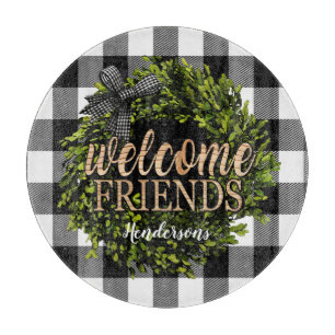Buffalo Check Black and White Boxwood Wreath Cutting Board