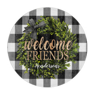 Buffalo Check Black and White Boxwood Wreath Cutting Board