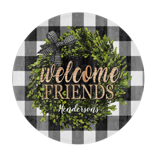 Buffalo Check Black and White Boxwood Wreath Cutting Board (Front)