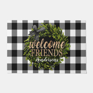 Buffalo Check Black and White Boxwood Wreath Doormat