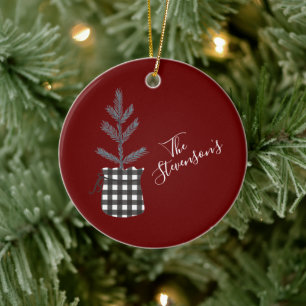 Buffalo Check Black Pine Tree Personalised Name Ceramic Tree Decoration
